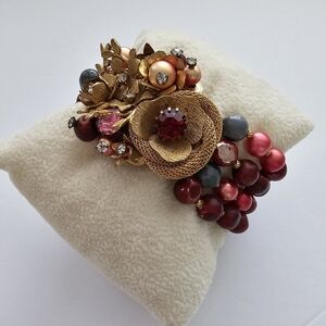 Vintage Mid-Century Triple Strand Beaded Statement Bracelet Ornate Floral Gilt